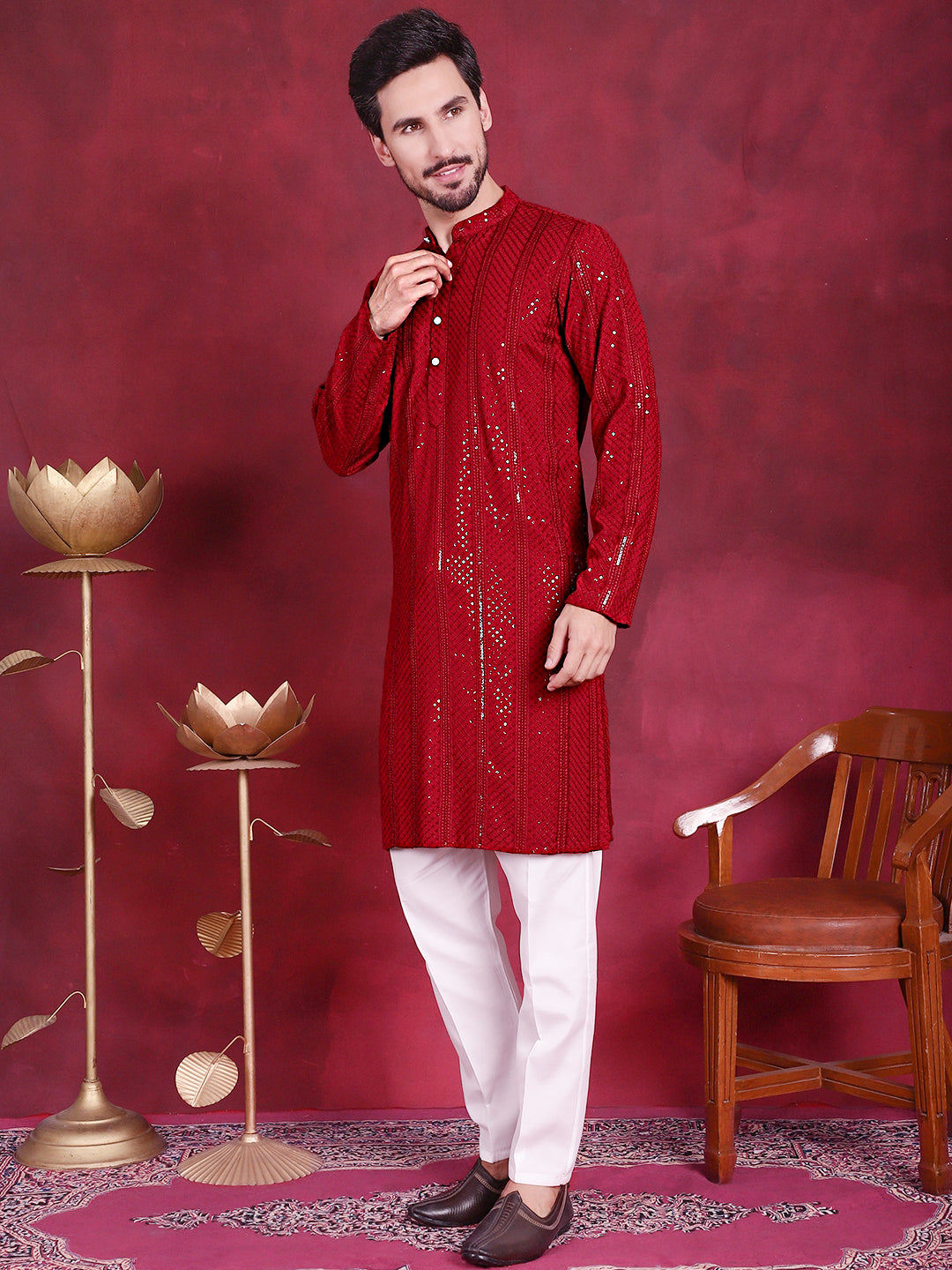 Jompers Men's Sequins Chikankari Embroidered Kurta with Pyjama - Red - Distacart