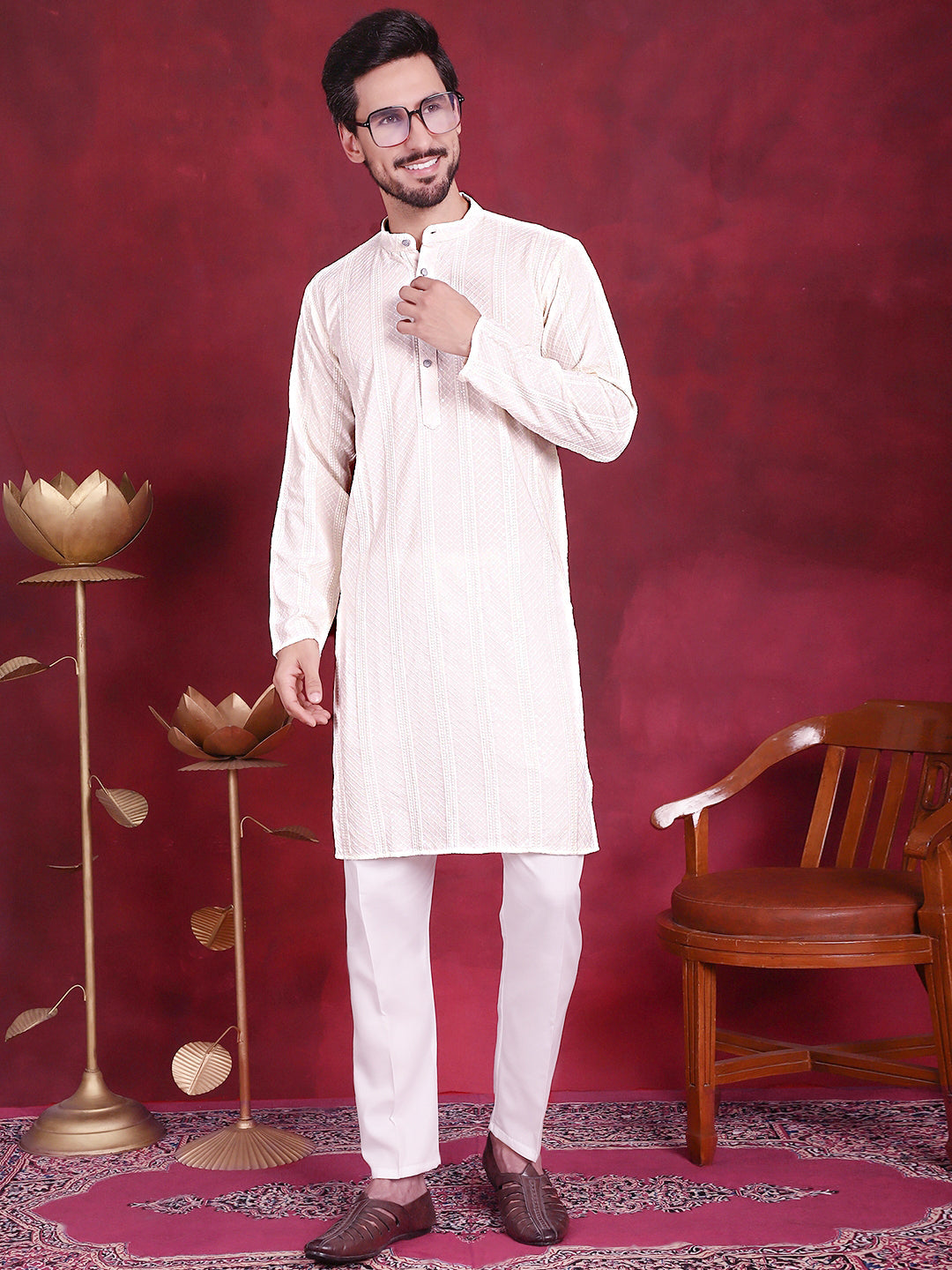Jompers Men's Sequins Chikankari Embroidered Kurta with Pyjama - White - Distacart
