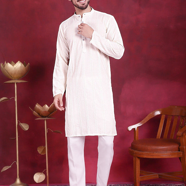 Jompers Men's Sequins Chikankari Embroidered Kurta with Pyjama - White - Distacart