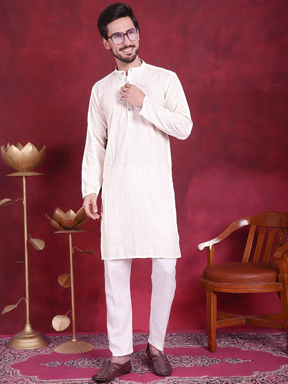 Jompers Men's Sequins Chikankari Embroidered Kurta with Pyjama - White - Distacart