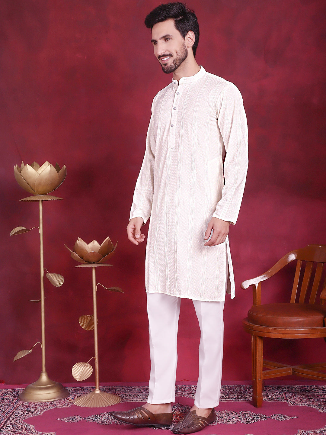 Jompers Men's Sequins Chikankari Embroidered Kurta with Pyjama - White - Distacart