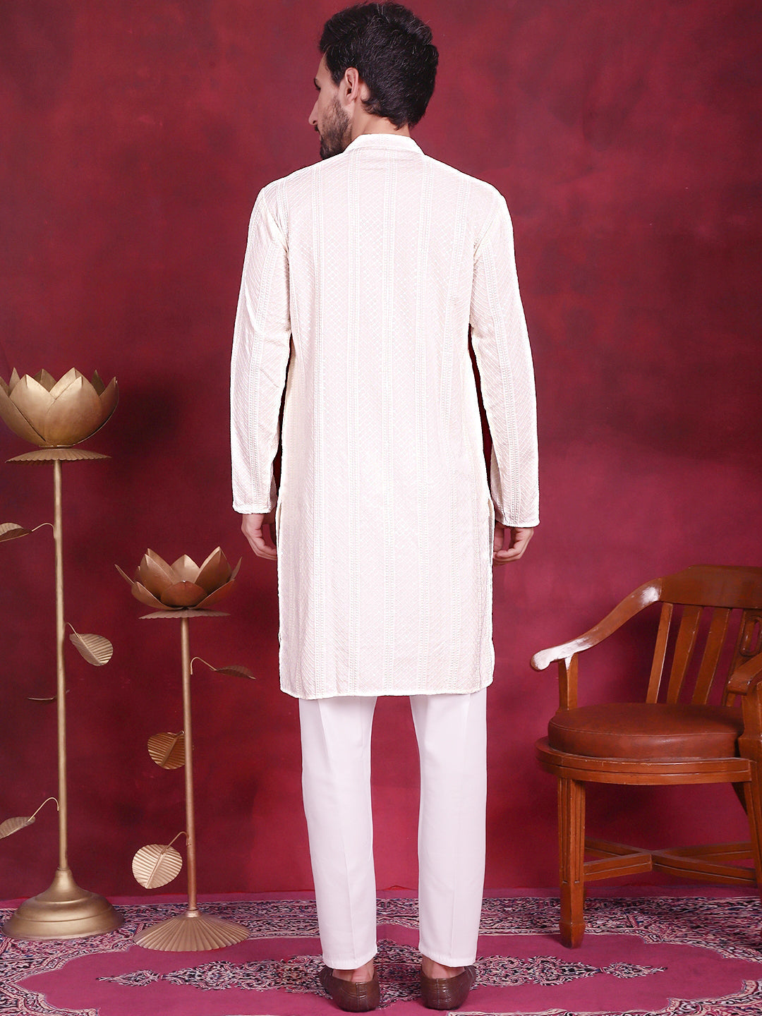 Jompers Men's Sequins Chikankari Embroidered Kurta with Pyjama - White - Distacart