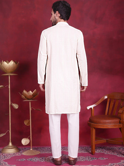Jompers Men's Sequins Chikankari Embroidered Kurta with Pyjama - White - Distacart
