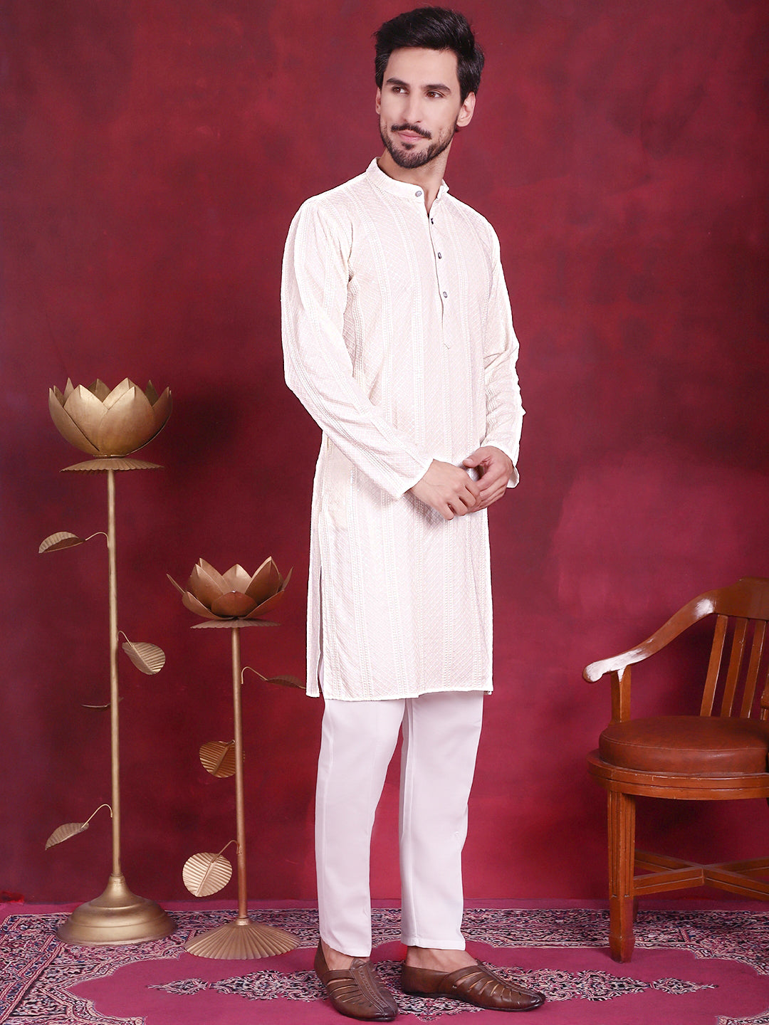 Jompers Men's Sequins Chikankari Embroidered Kurta with Pyjama - White - Distacart
