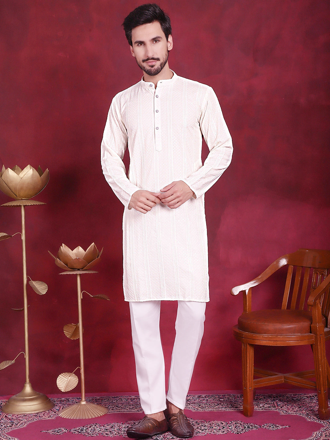 Jompers Men's Sequins Chikankari Embroidered Kurta with Pyjama - White - Distacart