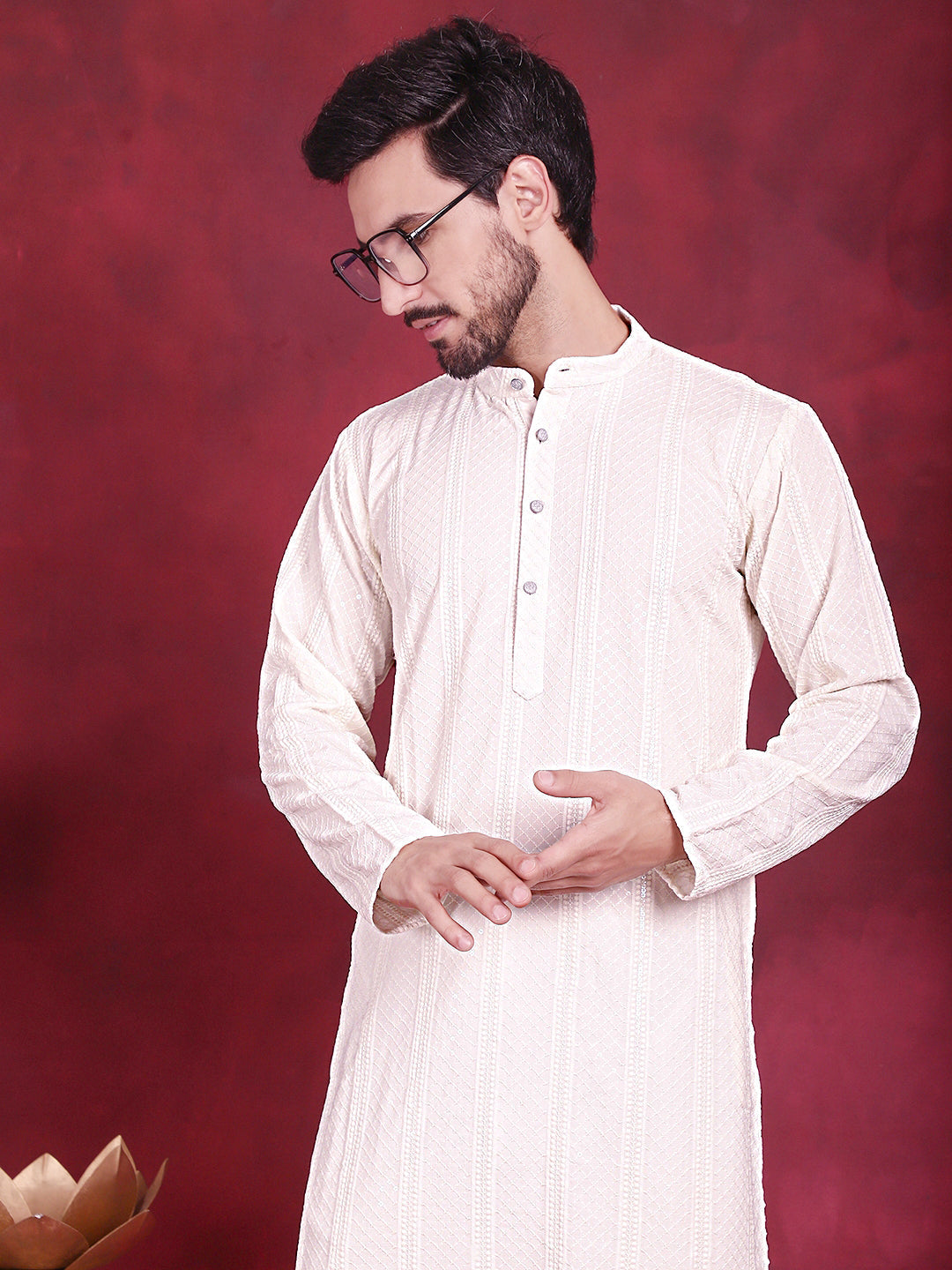 Jompers Men's Sequins Chikankari Embroidered Kurta with Pyjama - White - Distacart