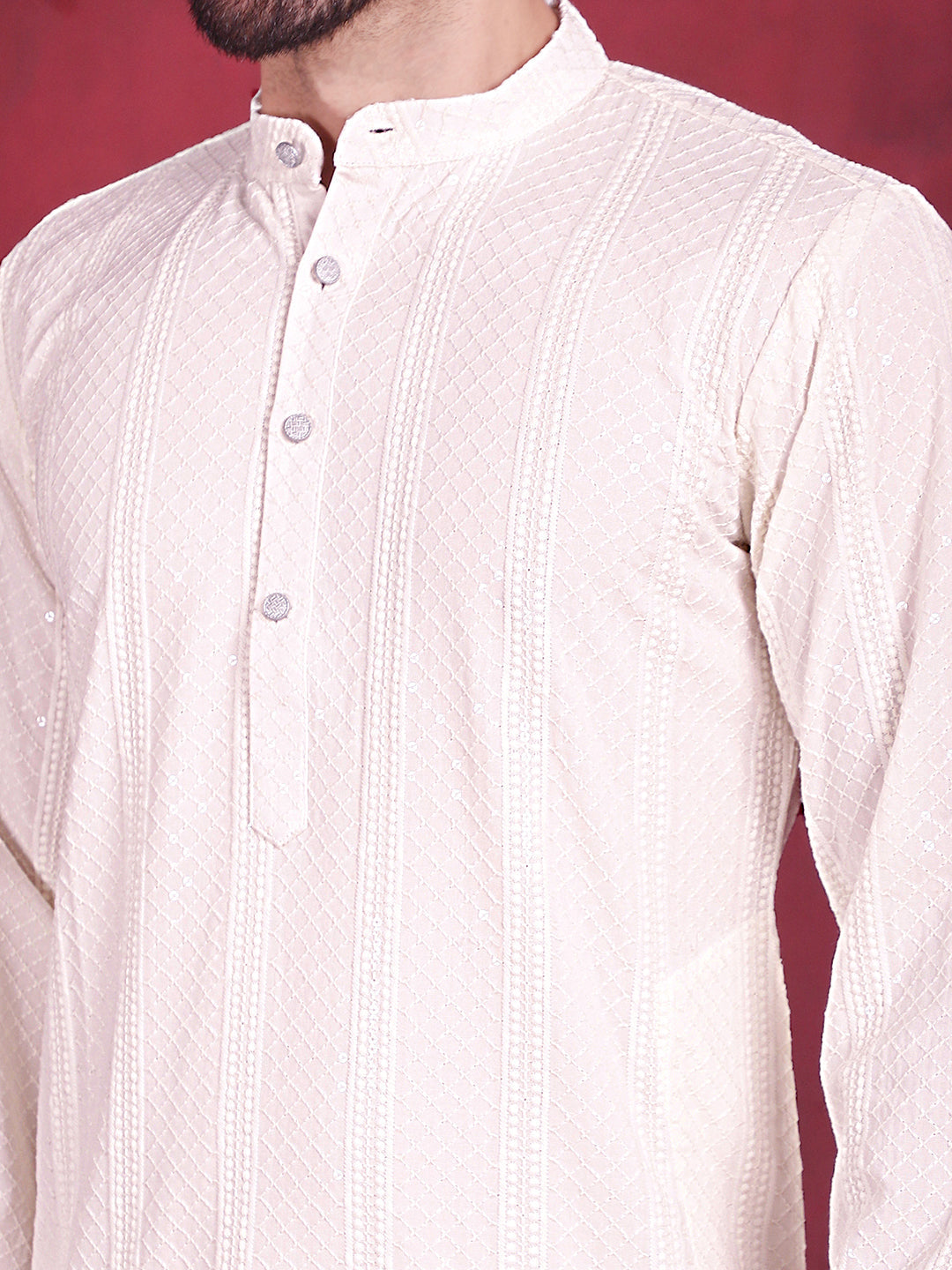 Jompers Men's Sequins Chikankari Embroidered Kurta with Pyjama - White - Distacart