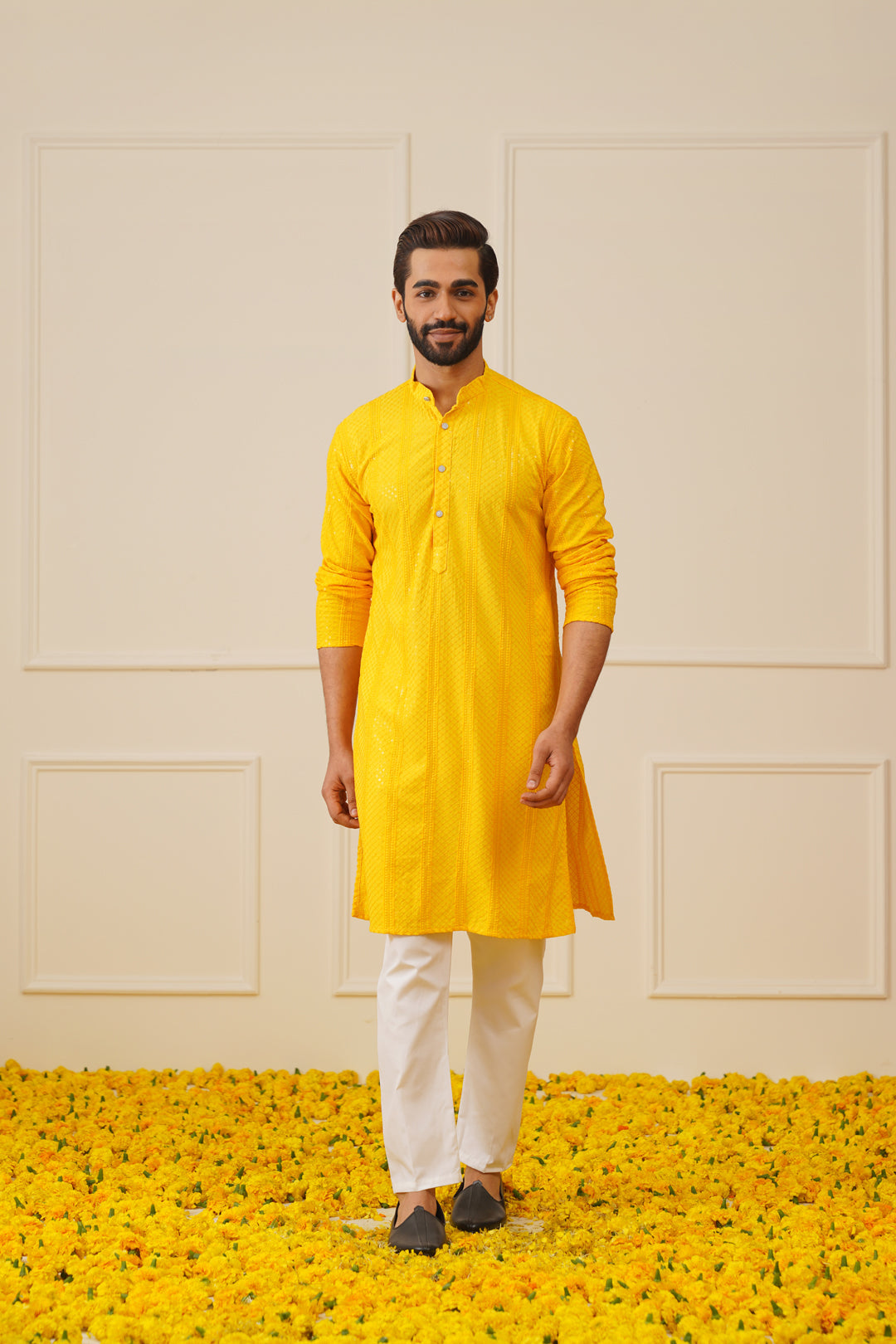 Jompers Men's Sequins Chikankari Embroidered Kurta with Pyjama - Yellow - Distacart