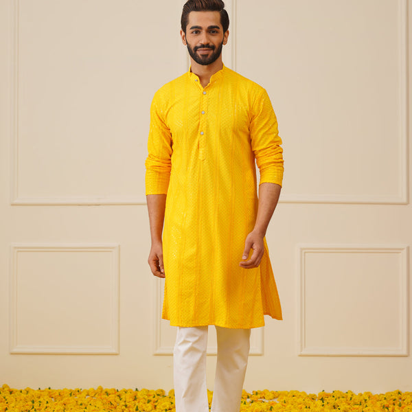 Jompers Men's Sequins Chikankari Embroidered Kurta with Pyjama - Yellow - Distacart
