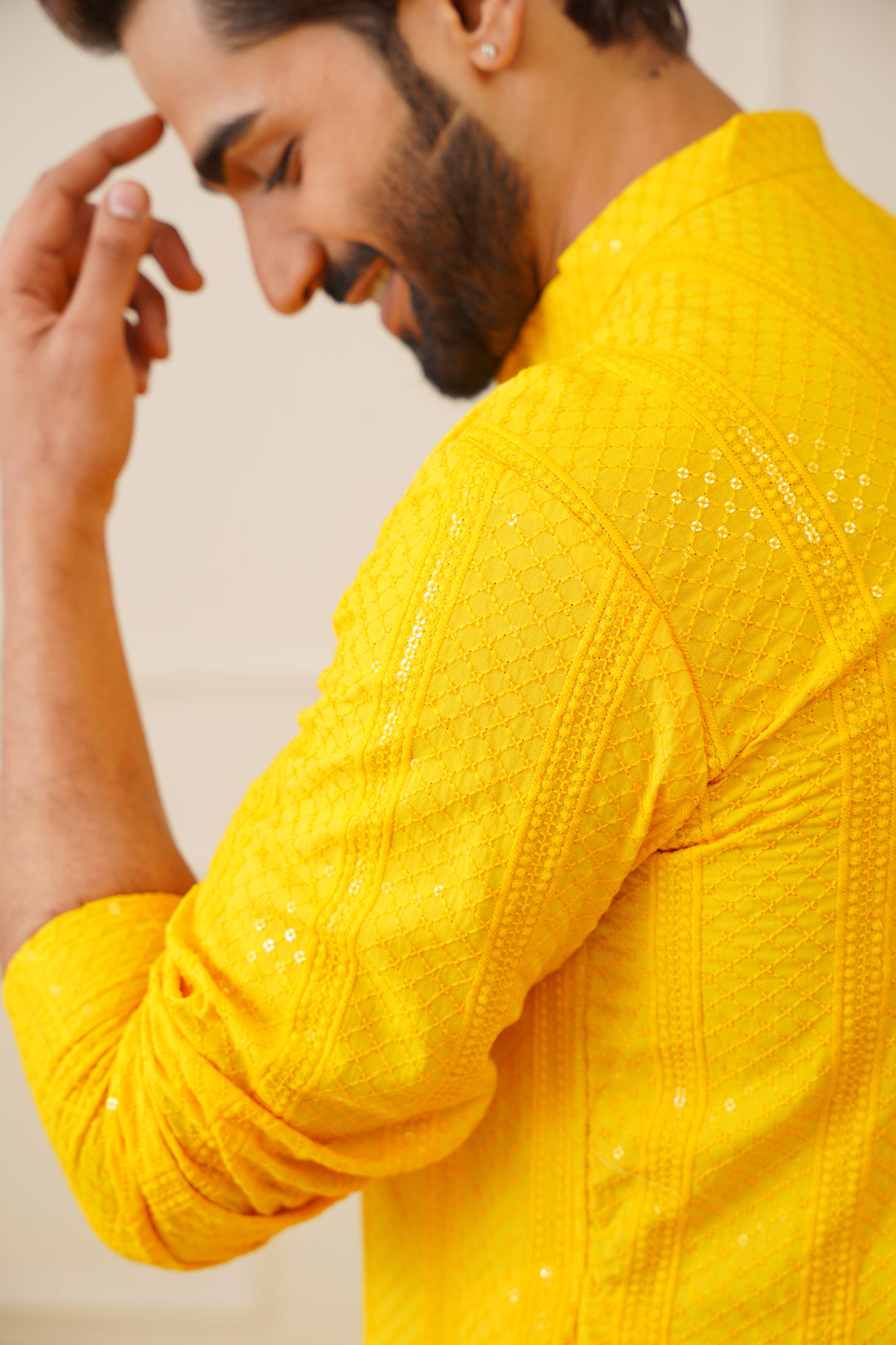 Jompers Men's Sequins Chikankari Embroidered Kurta with Pyjama - Yellow - Distacart