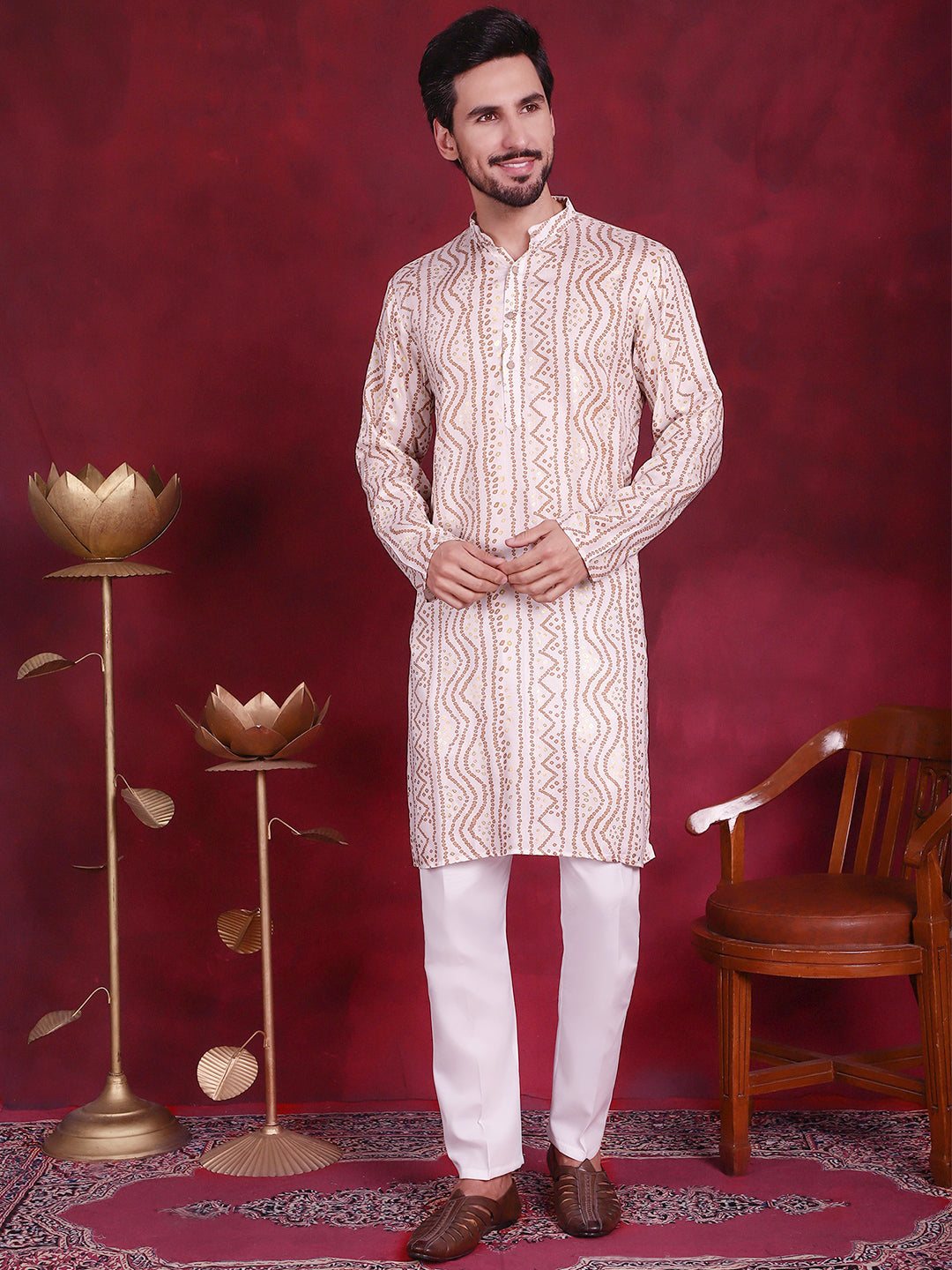 Jompers Men's Bandhani Printed Kurta with Pyjama - Cream - Distacart