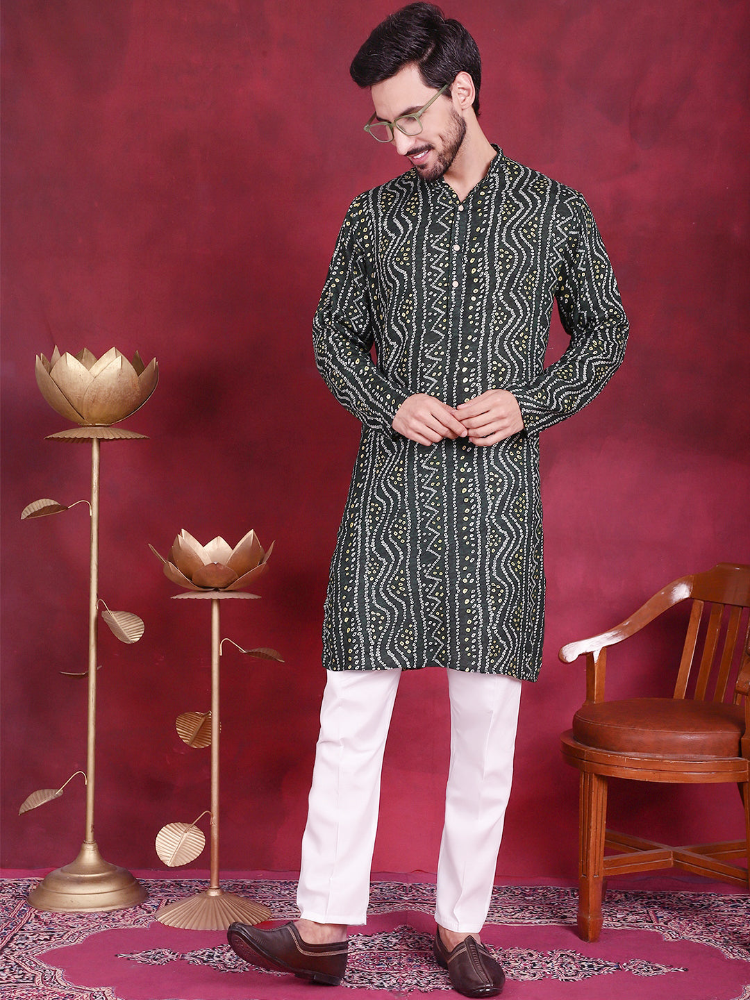 Jompers Men's Bandhani Printed Kurta with Pyjama - Green - Distacart