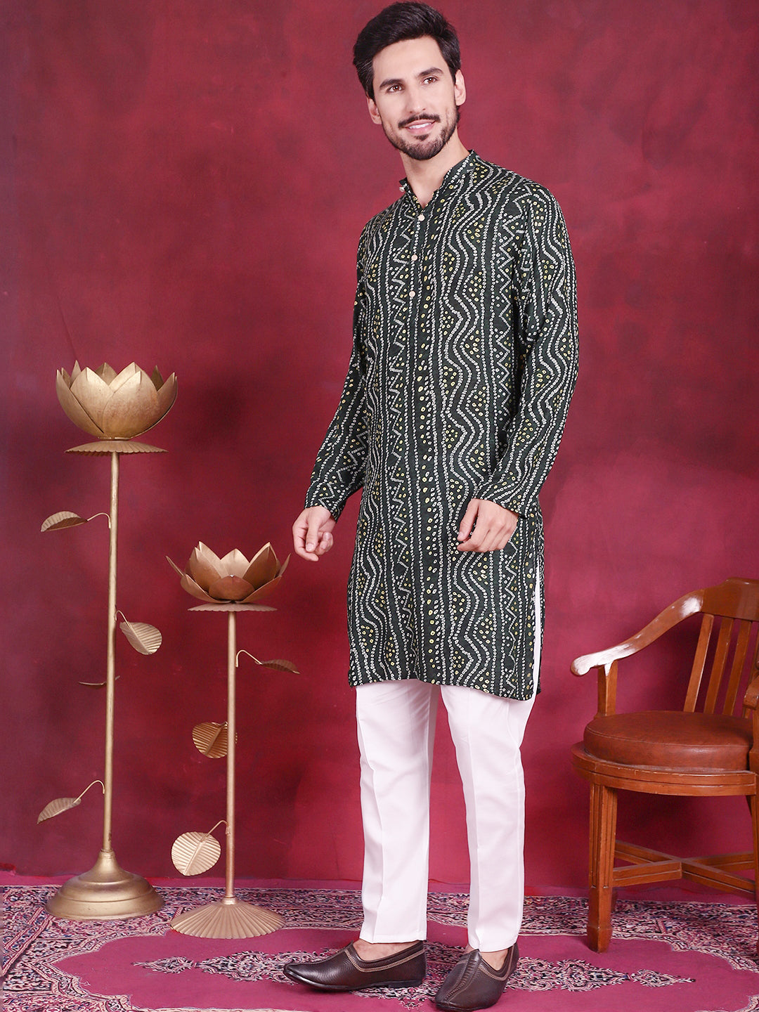 Jompers Men's Bandhani Printed Kurta with Pyjama - Green - Distacart