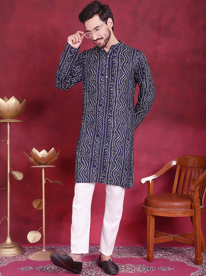 Jompers Men's Bandhani Printed Kurta with Pyjama - Navy Blue - Distacart