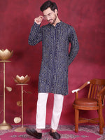 Thumbnail for Jompers Men's Bandhani Printed Kurta with Pyjama - Navy Blue - Distacart