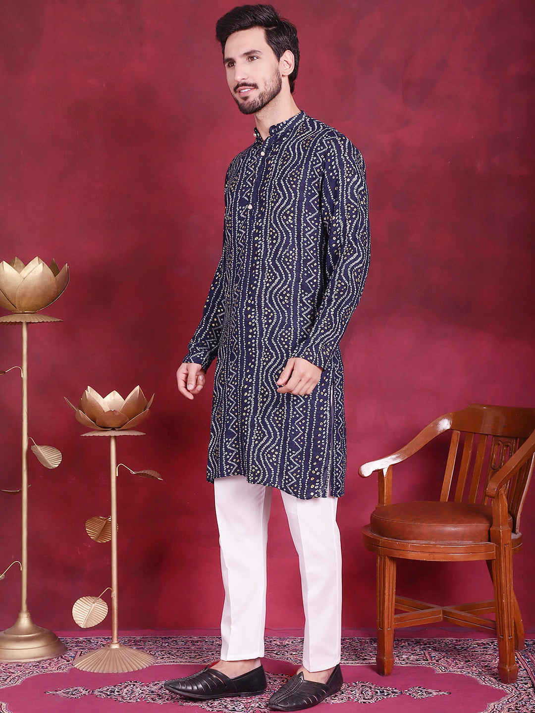 Jompers Men's Bandhani Printed Kurta with Pyjama - Navy Blue - Distacart