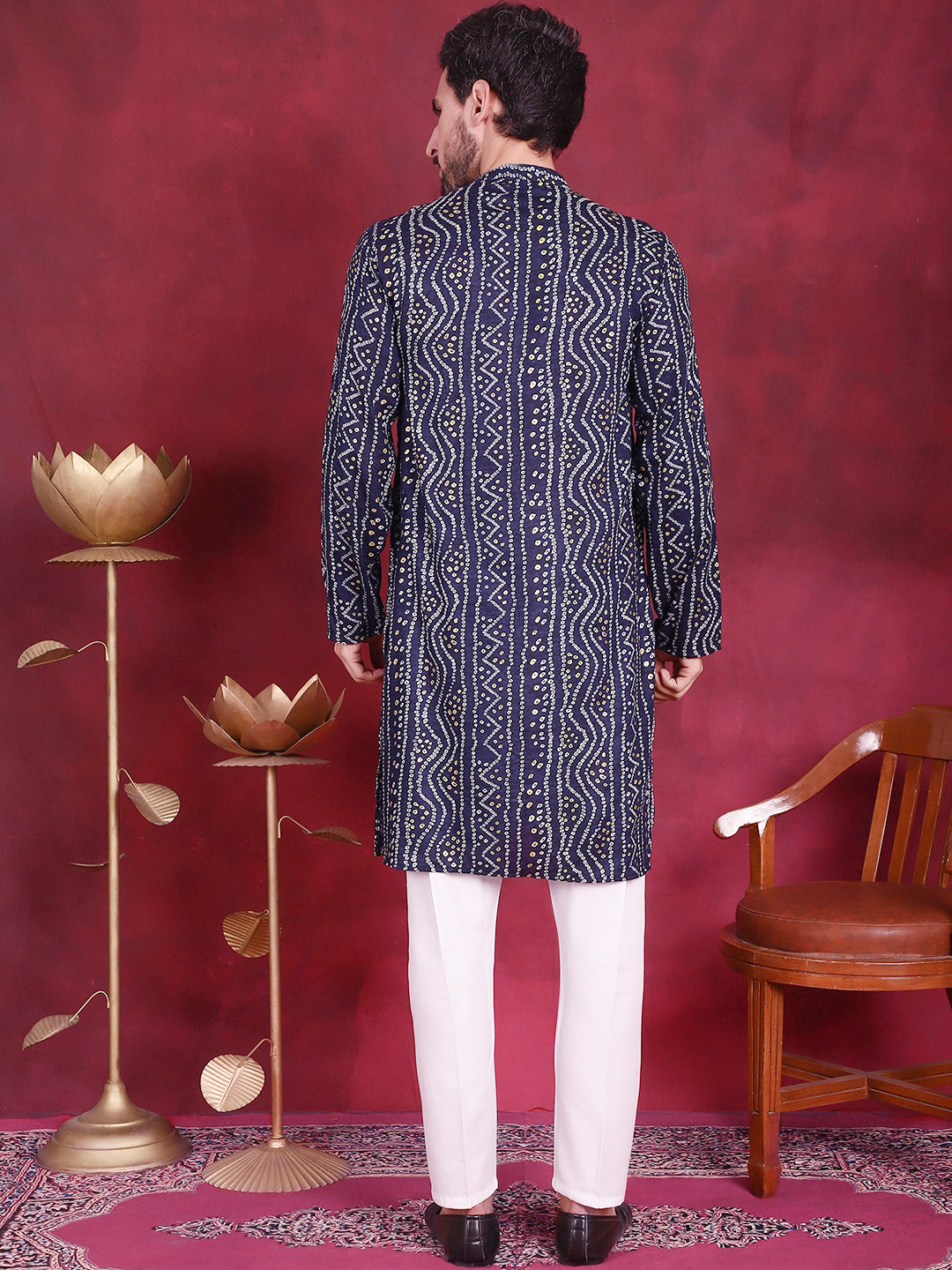 Jompers Men's Bandhani Printed Kurta with Pyjama - Navy Blue - Distacart