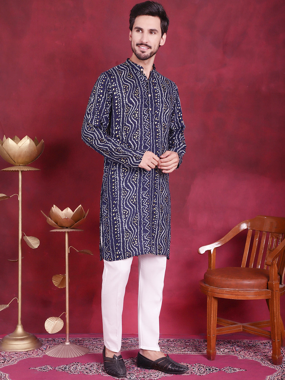Jompers Men's Bandhani Printed Kurta with Pyjama - Navy Blue - Distacart