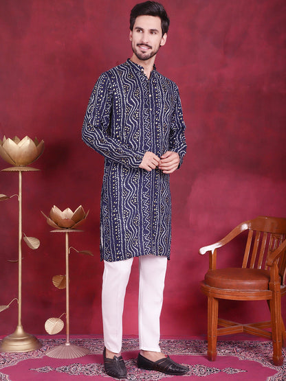 Jompers Men's Bandhani Printed Kurta with Pyjama - Navy Blue - Distacart