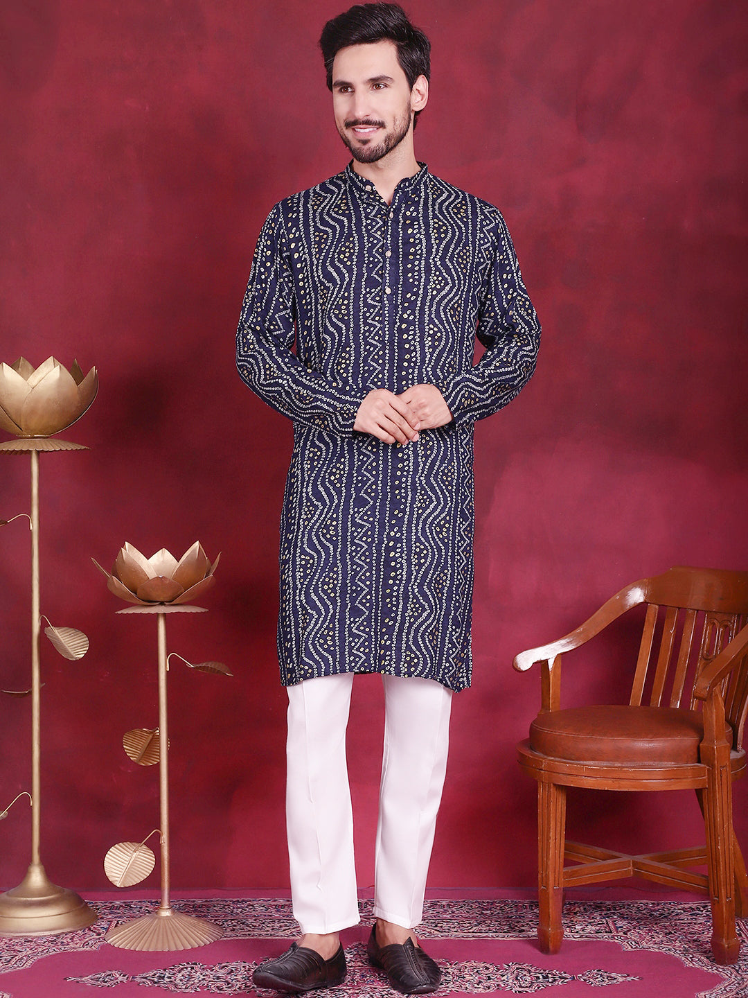 Jompers Men's Bandhani Printed Kurta with Pyjama - Navy Blue - Distacart