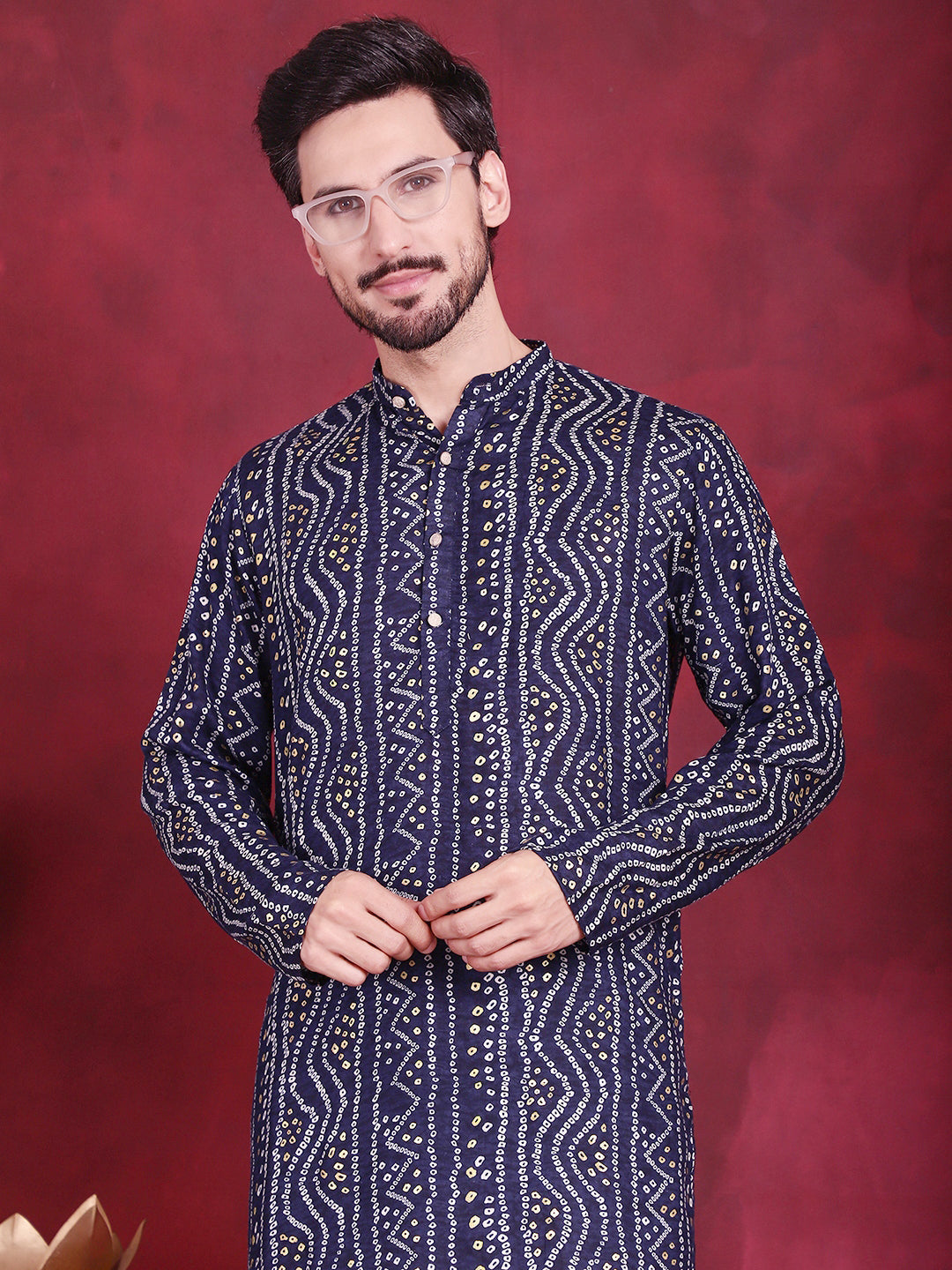 Jompers Men's Bandhani Printed Kurta with Pyjama - Navy Blue - Distacart
