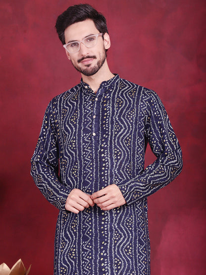 Jompers Men's Bandhani Printed Kurta with Pyjama - Navy Blue - Distacart