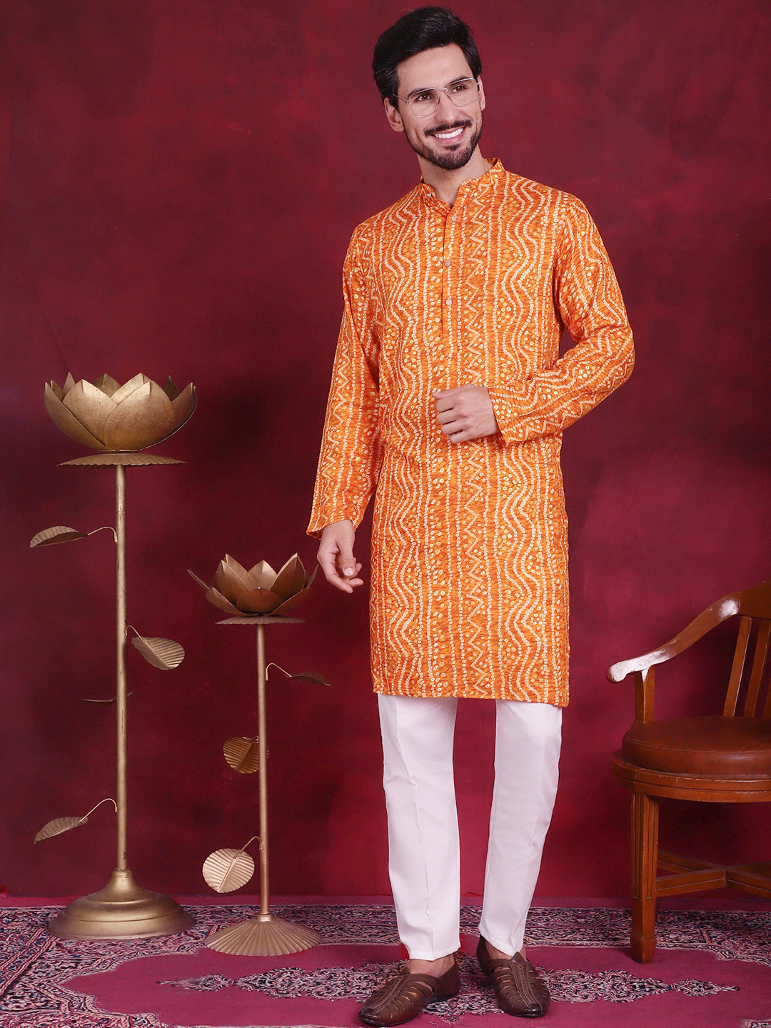 Jompers Men's Bandhani Printed Kurta with Pyjama - Orange - Distacart