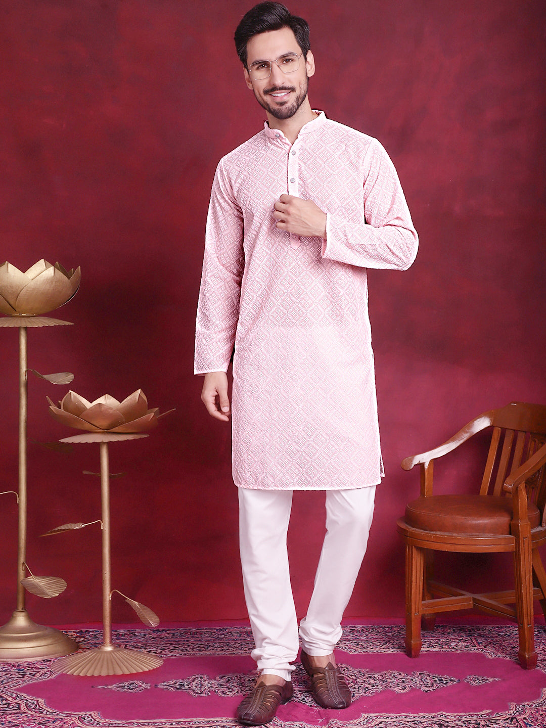 Jompers Men's Chikankari Embroidered Kurta with Pyjama - Pink - Distacart