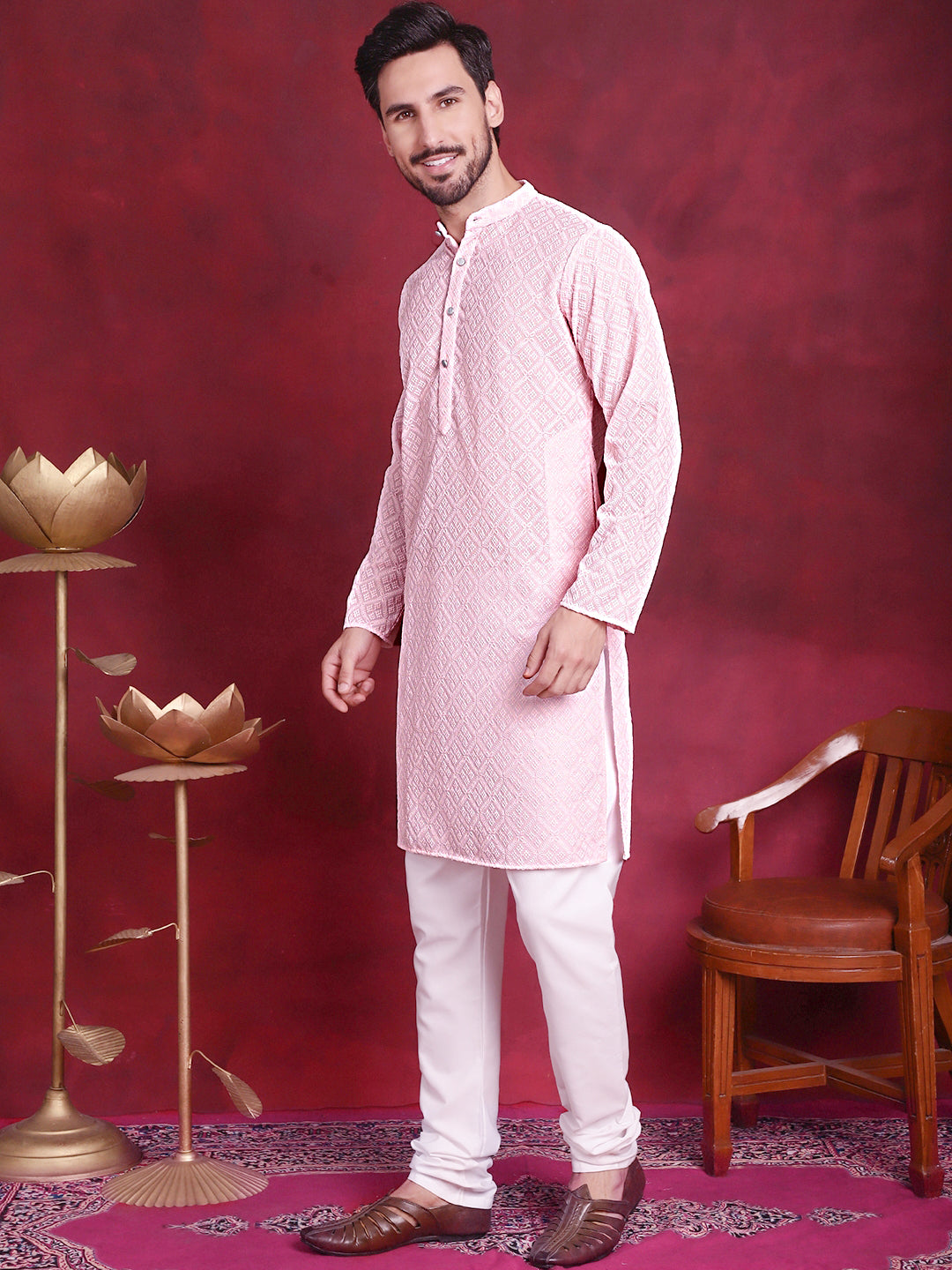 Jompers Men's Chikankari Embroidered Kurta with Pyjama - Pink - Distacart