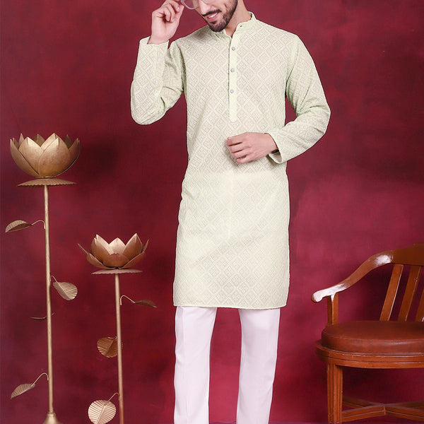 Jompers Men's Chikankari Embroidered Kurta with Pyjama - Pista - Distacart