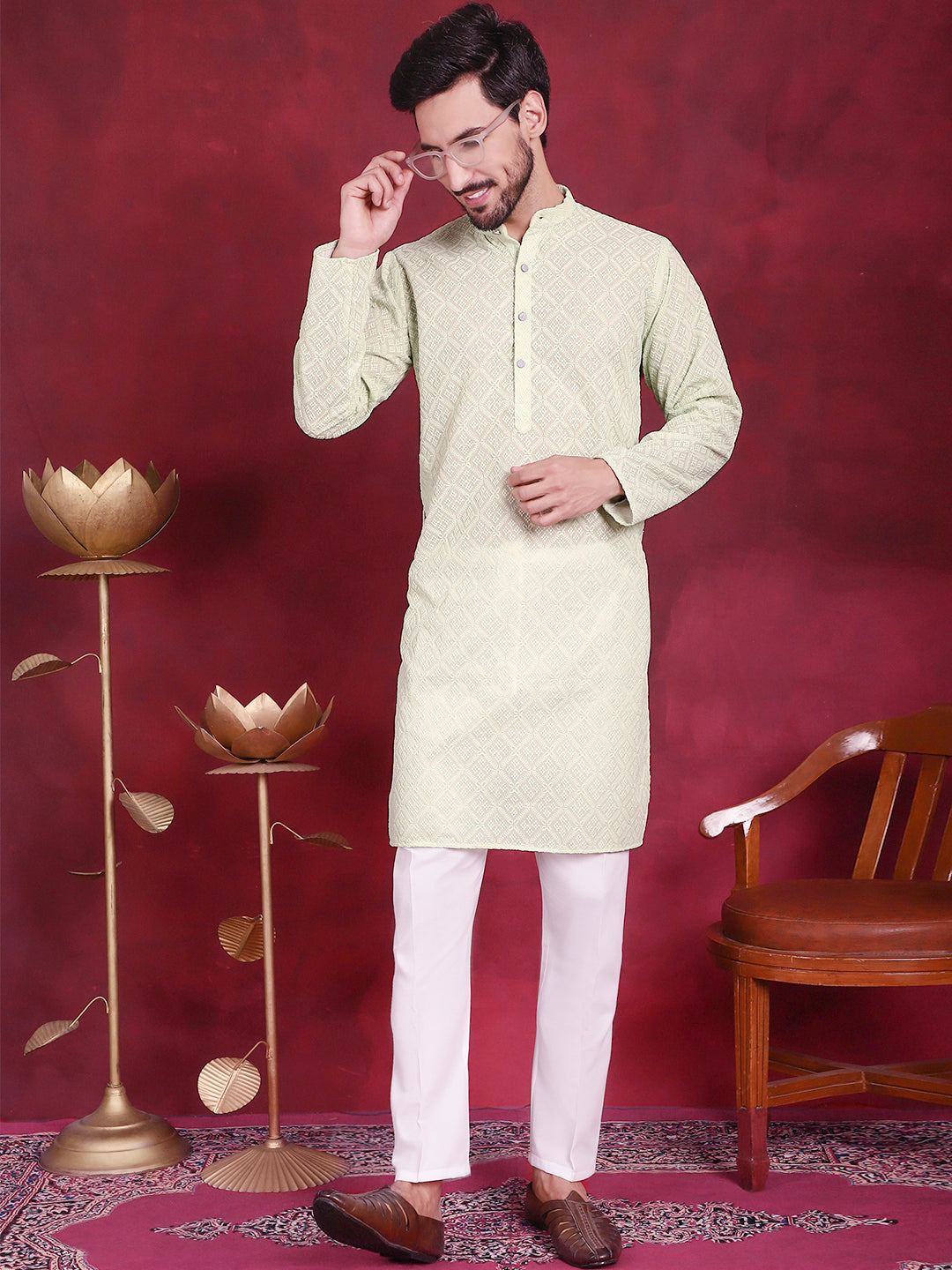 Jompers Men's Chikankari Embroidered Kurta with Pyjama - Pista - Distacart