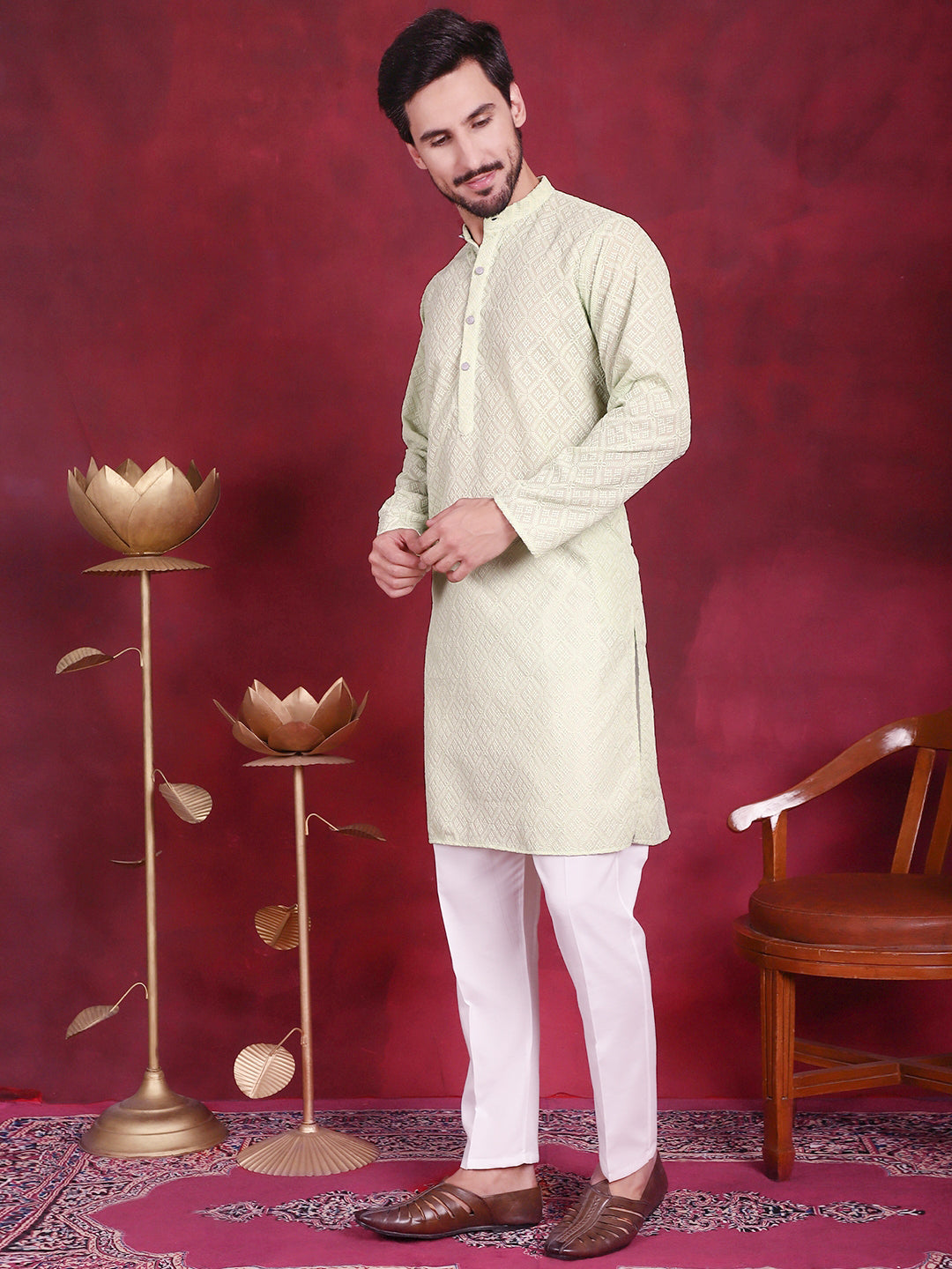 Jompers Men's Chikankari Embroidered Kurta with Pyjama - Pista - Distacart
