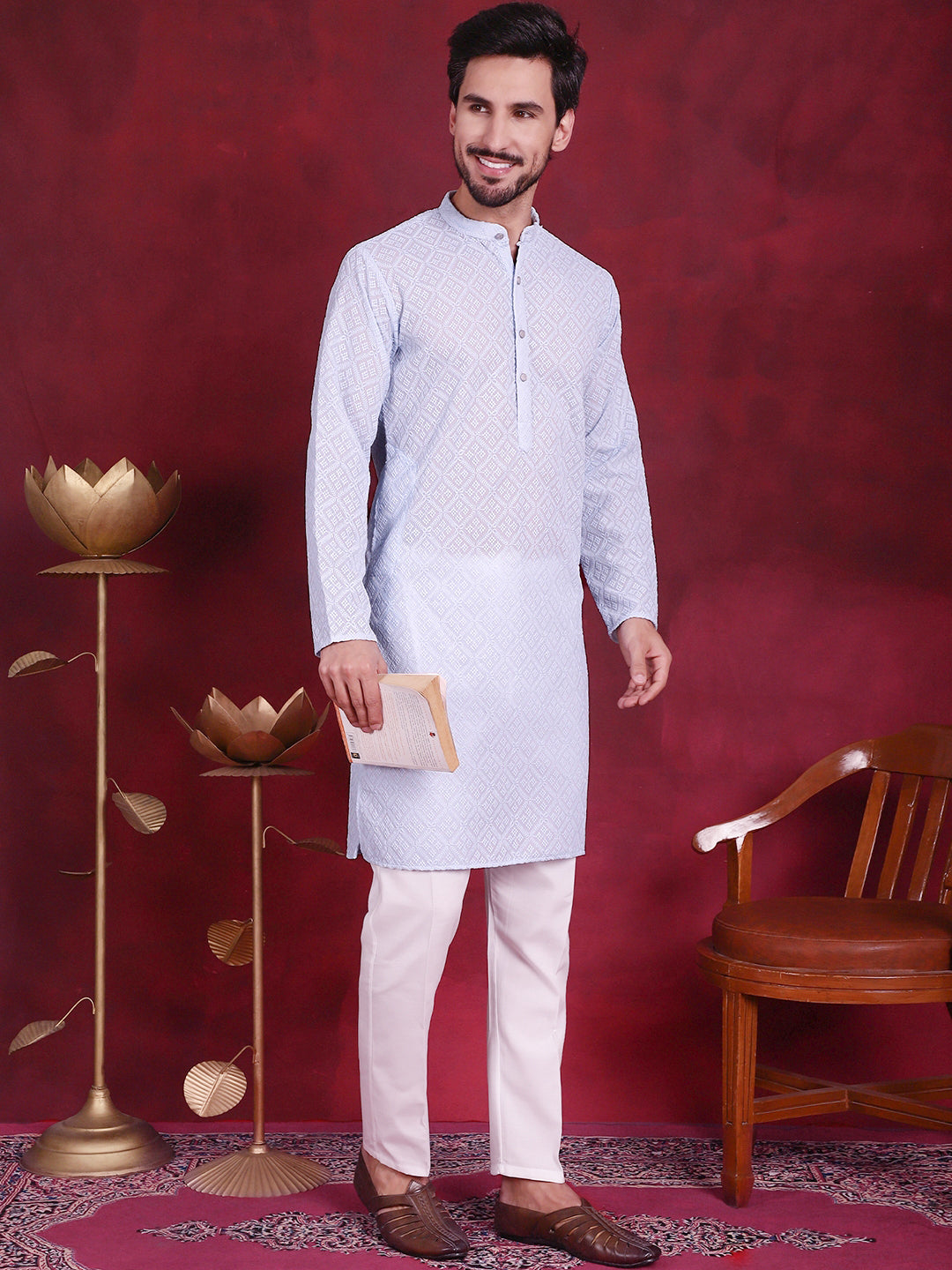 Jompers Men's Chikankari Embroidered Kurta with Pyjama - Sky Blue - Distacart