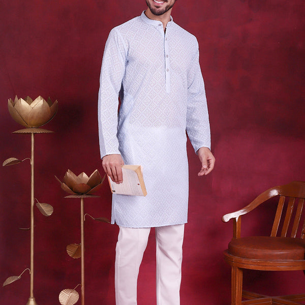 Jompers Men's Chikankari Embroidered Kurta with Pyjama - Sky Blue - Distacart