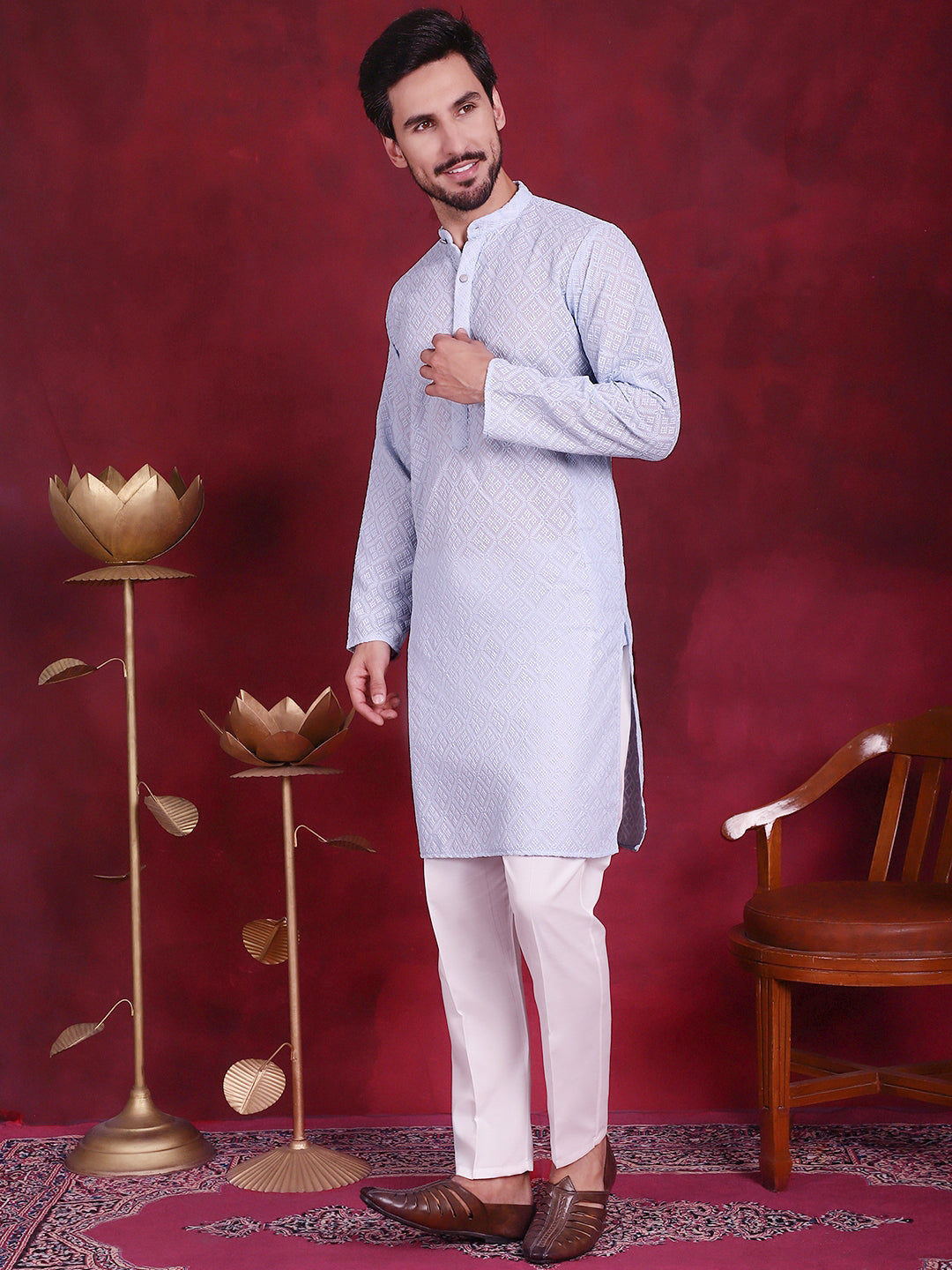 Jompers Men's Chikankari Embroidered Kurta with Pyjama - Sky Blue - Distacart
