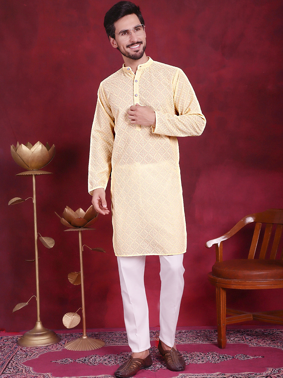 Jompers Men's Chikankari Embroidered Kurta with Pyjama - Yellow - Distacart