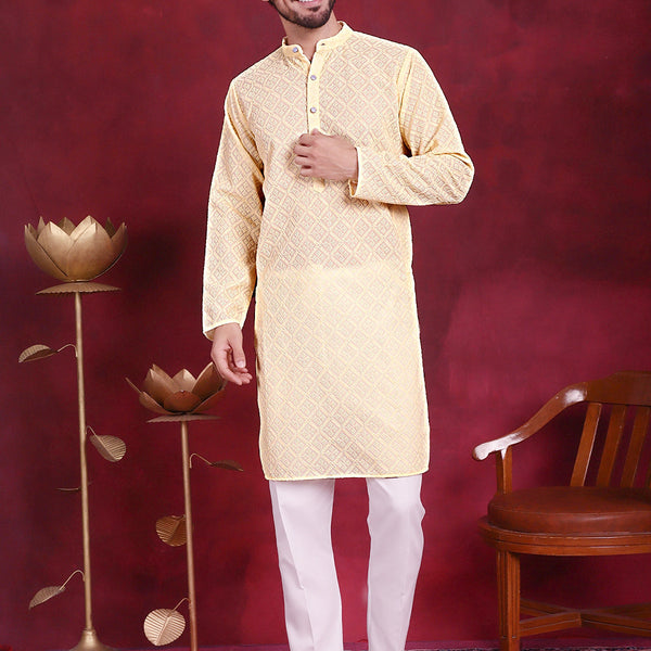 Jompers Men's Chikankari Embroidered Kurta with Pyjama - Yellow - Distacart