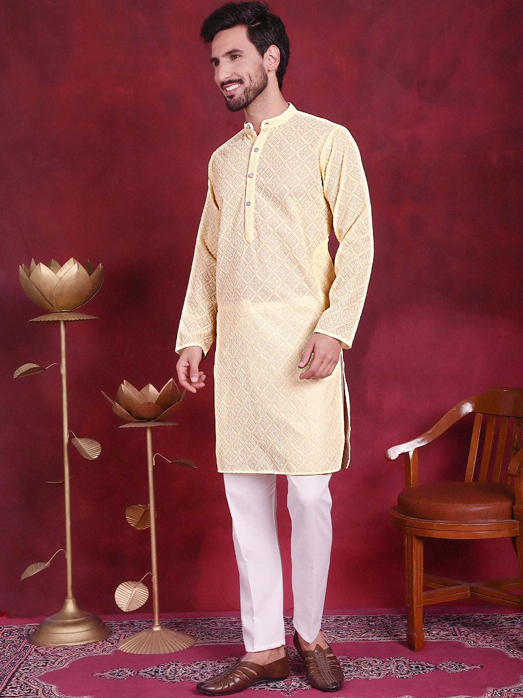Jompers Men's Chikankari Embroidered Kurta with Pyjama - Yellow - Distacart