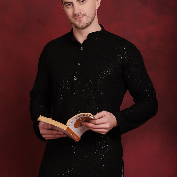 Jompers Men's Sequins Chikankari Kurta with Pyjama - Black - Distacart