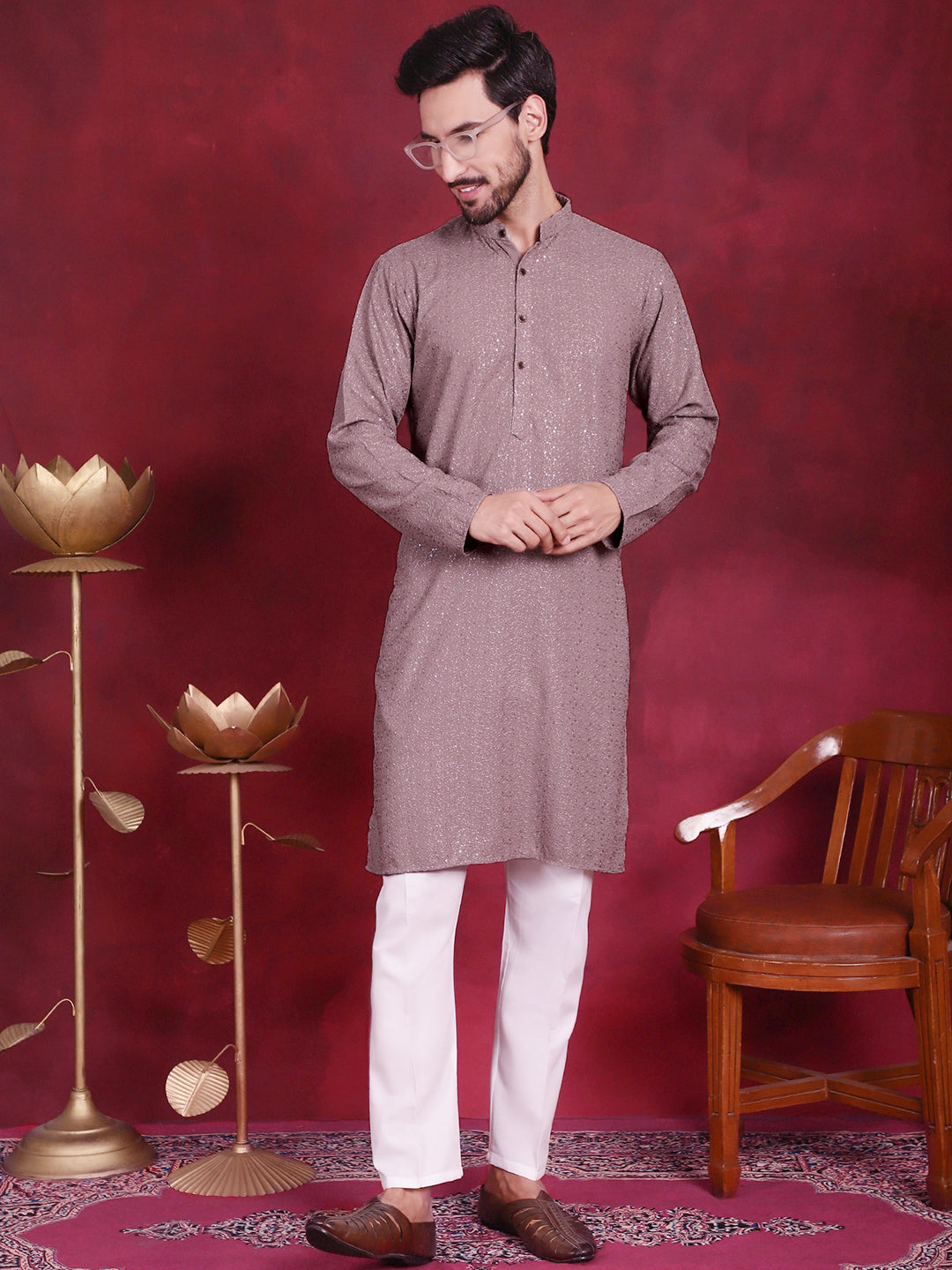 Jompers Men's Sequins Chikankari Kurta with Pyjama - Grey - Distacart