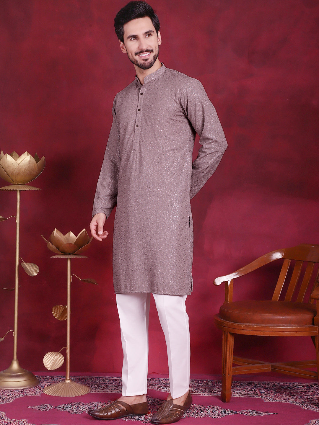 Jompers Men's Sequins Chikankari Kurta with Pyjama - Grey - Distacart