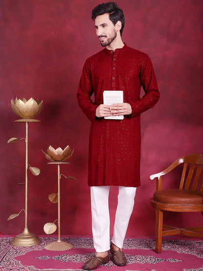 Jompers Men's Sequins Chikankari Kurta with Pyjama - Maroon - Distacart