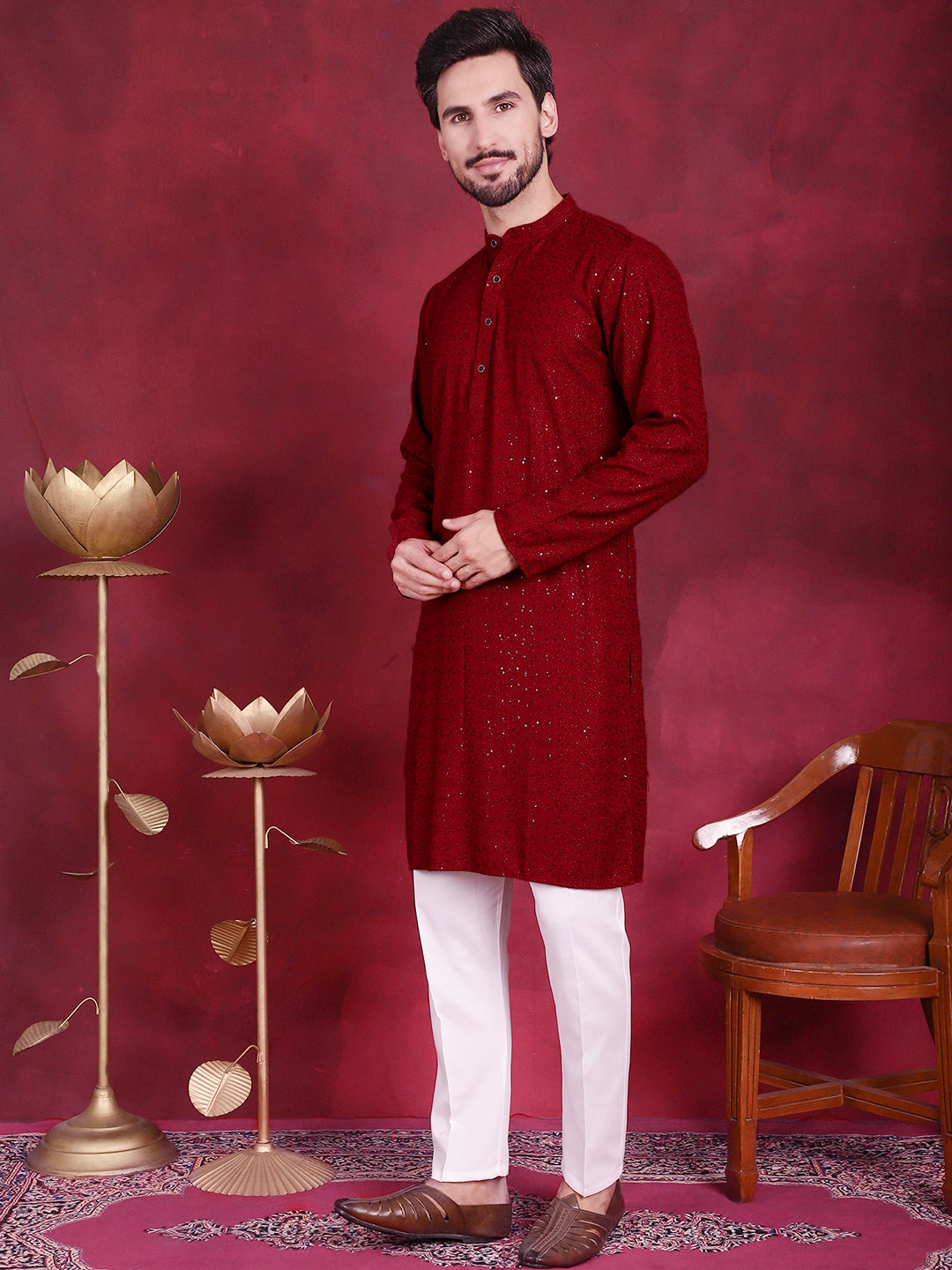 Jompers Men's Sequins Chikankari Kurta with Pyjama - Maroon - Distacart