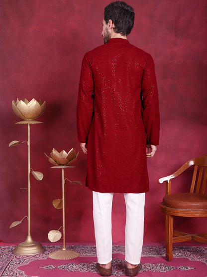 Jompers Men's Sequins Chikankari Kurta with Pyjama - Maroon - Distacart