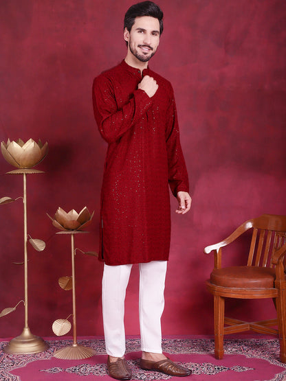Jompers Men's Sequins Chikankari Kurta with Pyjama - Maroon - Distacart