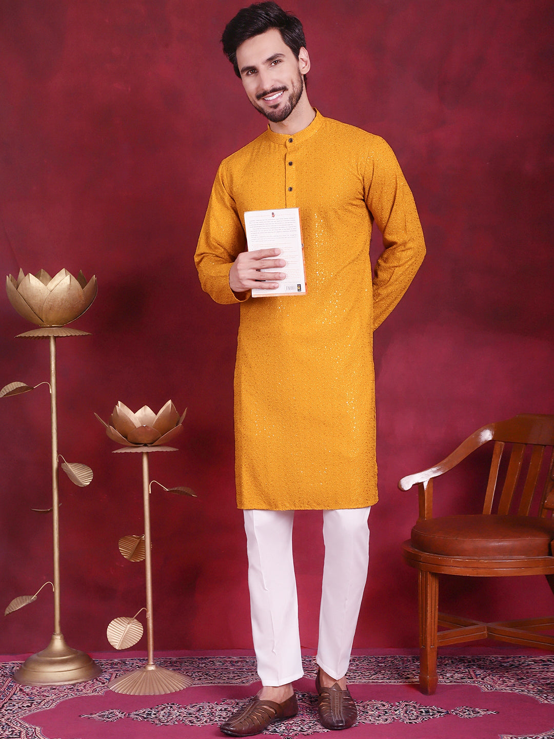 Jompers Men's Sequins Chikankari Kurta with Pyjama - Mustard - Distacart
