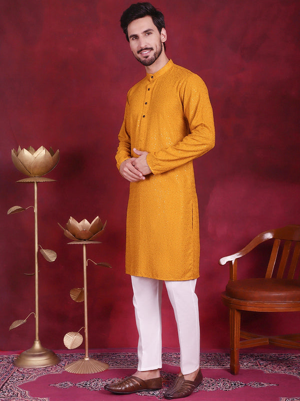 Jompers Men's Sequins Chikankari Kurta with Pyjama - Mustard - Distacart