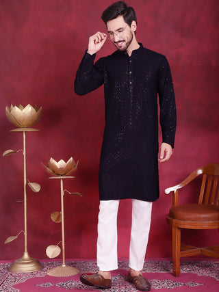 Jompers Men's Sequins Chikankari Kurta with Pyjama - Navy Blue - Distacart