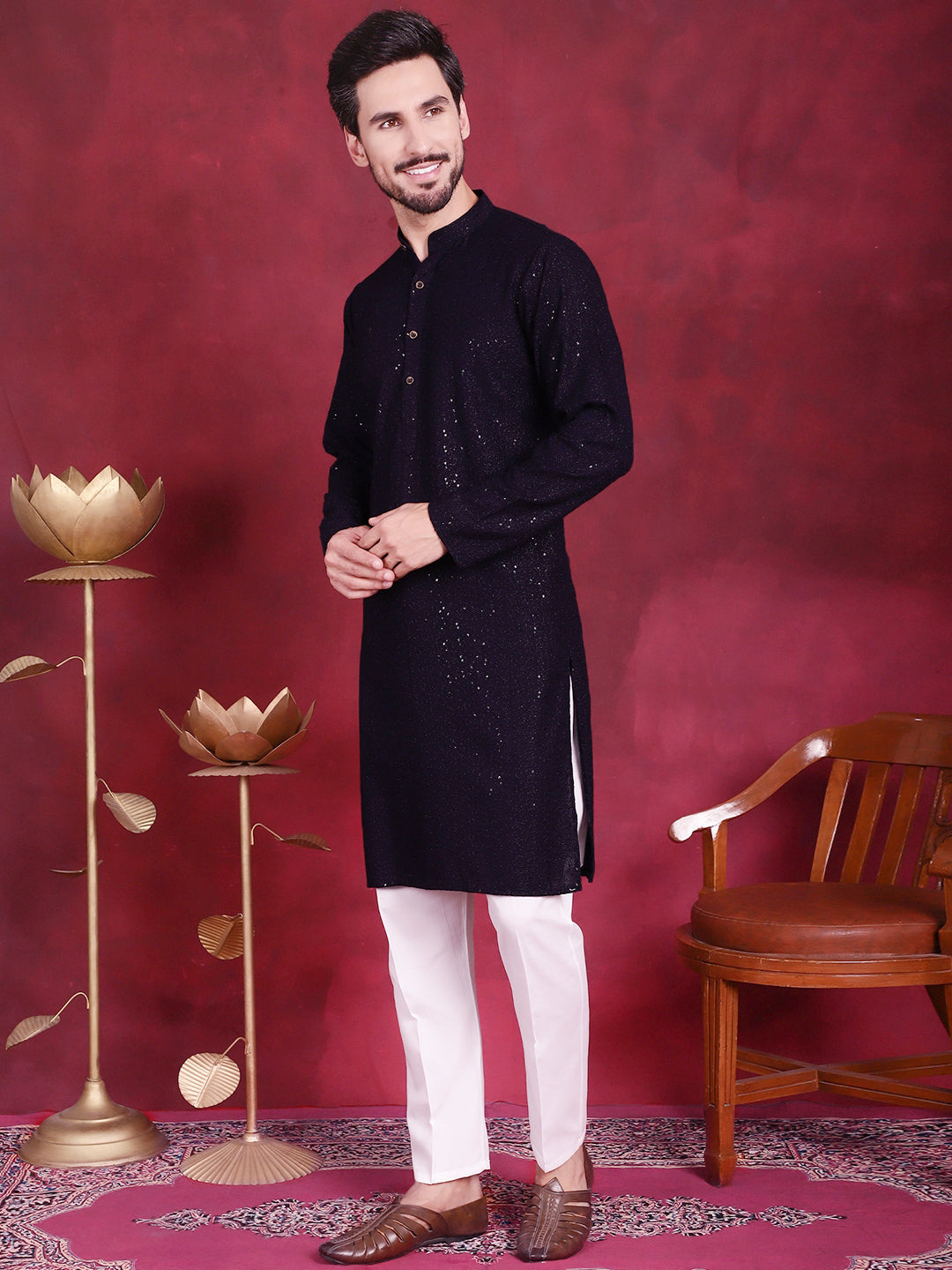 Jompers Men's Sequins Chikankari Kurta with Pyjama - Navy Blue - Distacart