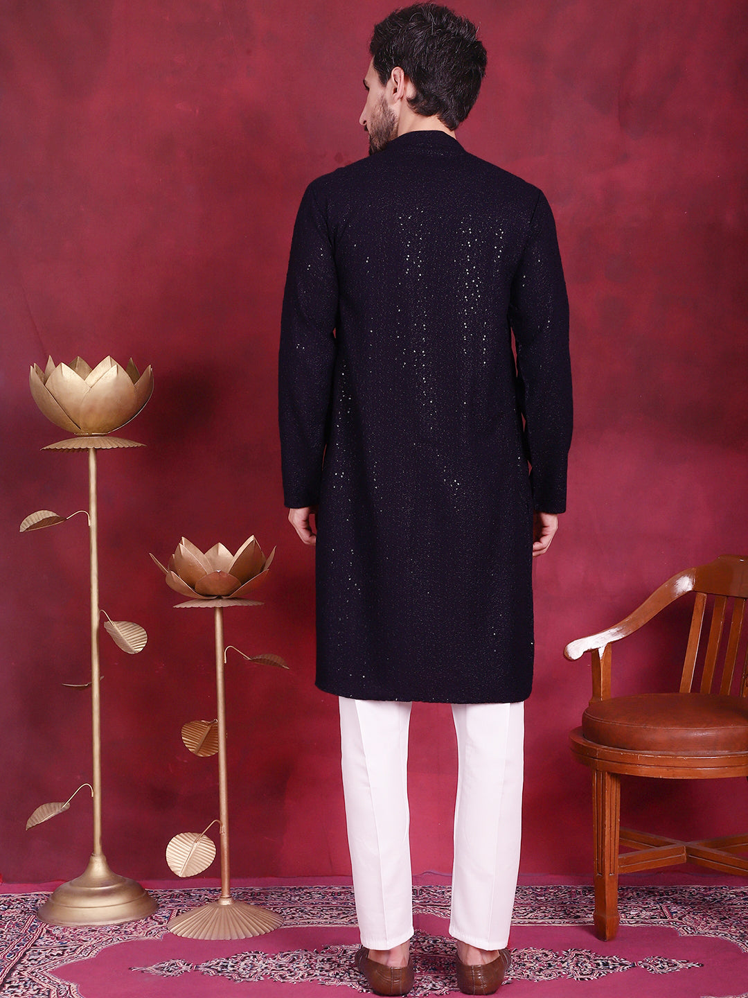 Jompers Men's Sequins Chikankari Kurta with Pyjama - Navy Blue - Distacart